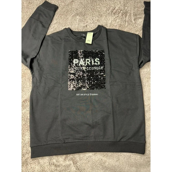 River island Sweatshirt black With Sequins Paris-themed Size S New - Picture 7 of 15